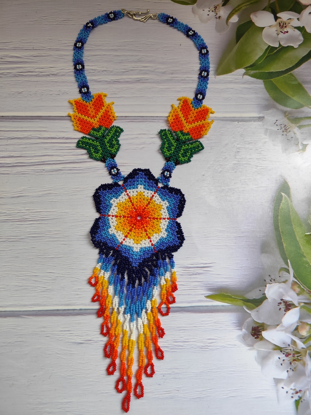Handmade Multicolor Beaded Flower Statement Necklace - Picture 7 of 7